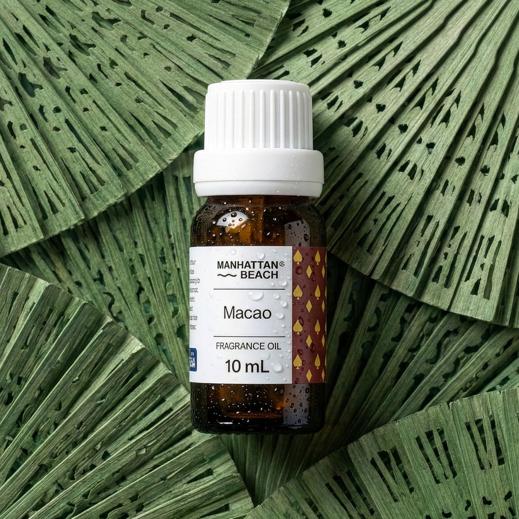 Manhattan Beach Macao fragrance oil bottle on green background