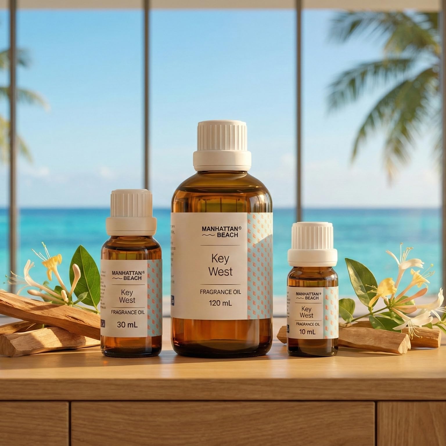 Three bottles of Key West fragrance oil on a wooden surface with a beach view in the background.