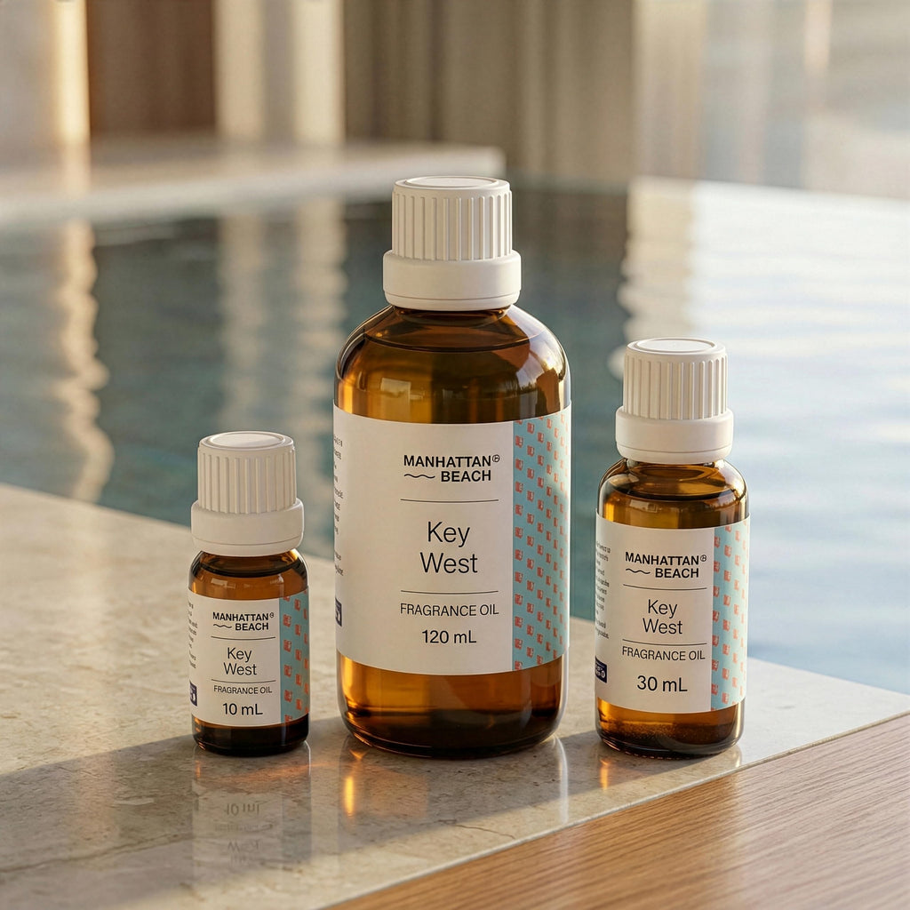 Three bottles of Manhattan Beach Key West fragrance oil on a reflective surface with a blurred background