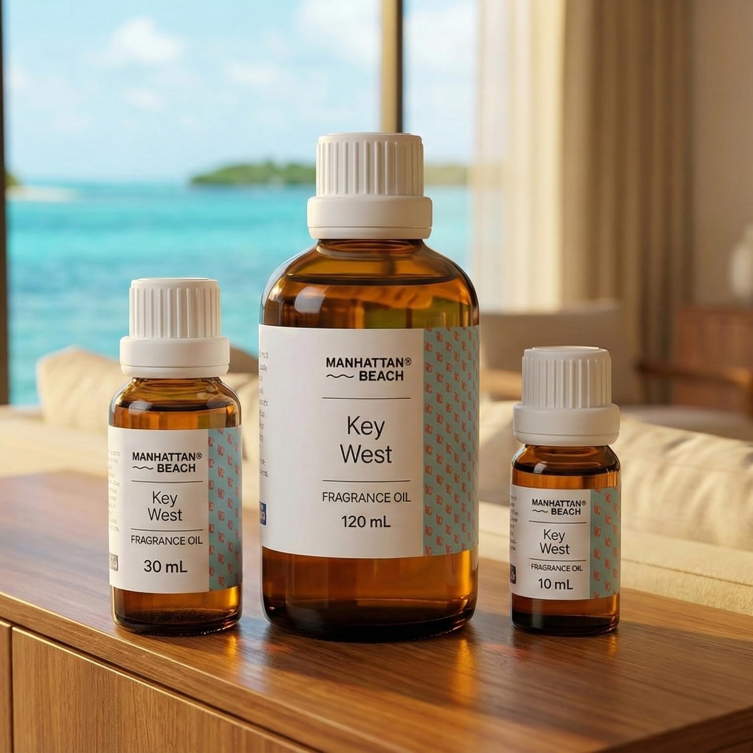Three bottles of Manhattan Beach Key West fragrance oil on a wooden surface with a scenic background.